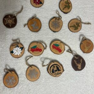 Lot of 14 Festive Wood Slice Ornament Set with Holiday Designs